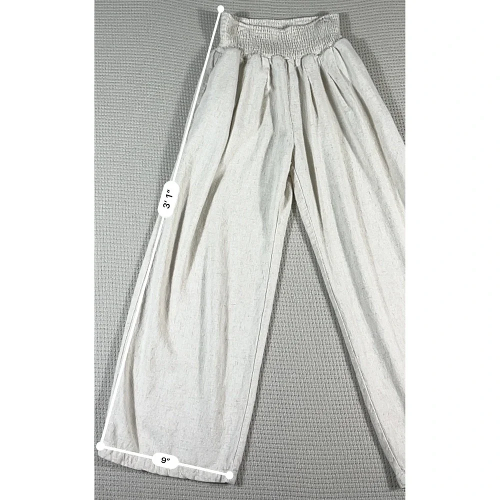 UEU Womens Beige Linen Blend Wide Leg Smocked High Waist Palazzo Pants Size M